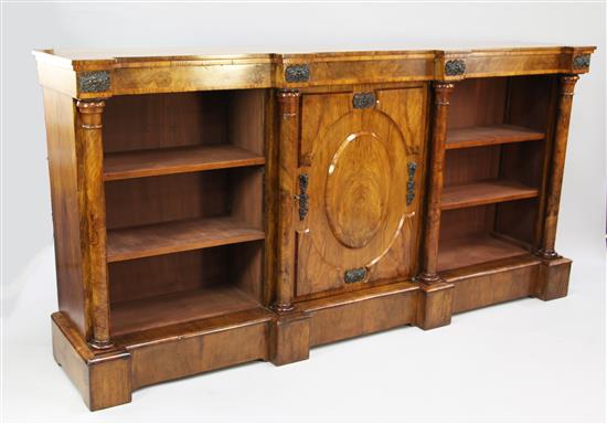 A Victorian walnut and bronze mounted bookcase, W.7ft